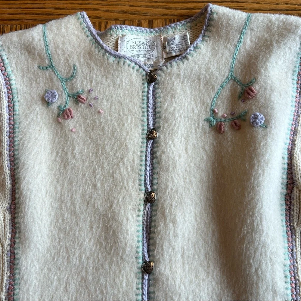 Susan Bristol Wool Cream Cardigan with Floral Accents and Silver Heart Buttons - Picture 2 of 14